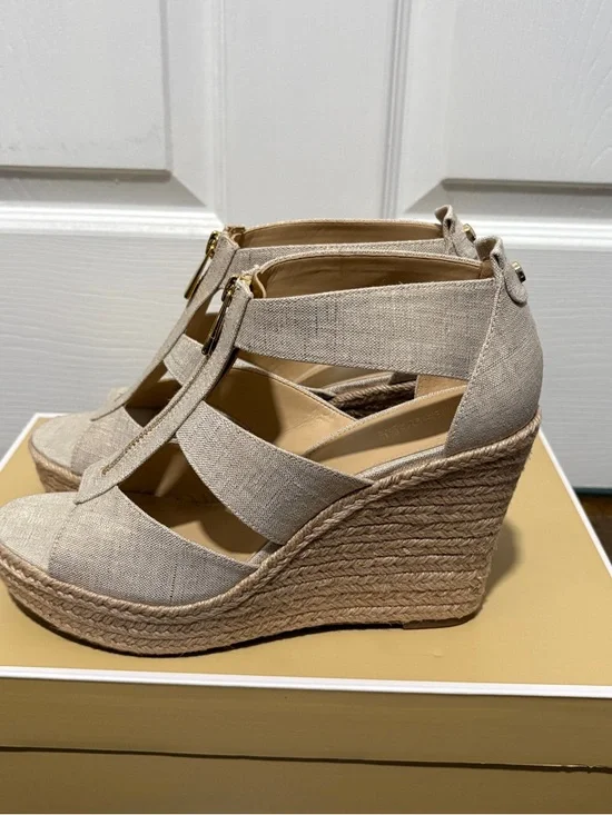 Michael Kors Beige Espadrille Zip Wedge Sandals - Picture 2 of 8